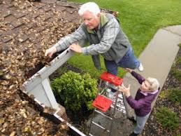 Man cleaning gutter on a ladder wife holding ladder